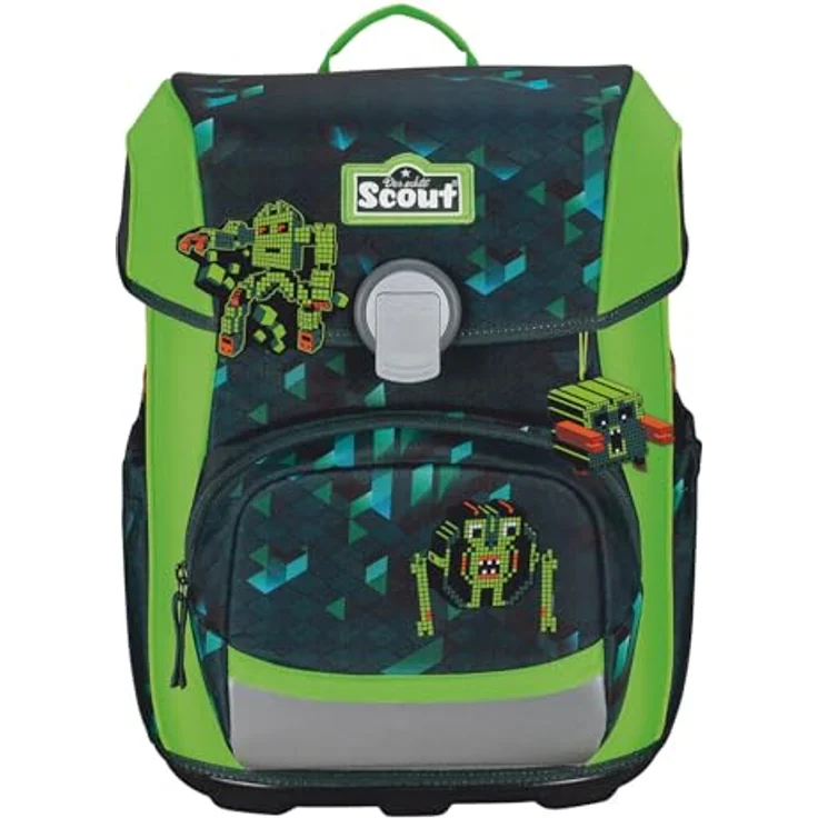 Scout Basic Neo Set 4-teilig Cubes, Schulranzen-Set mit reflektierender und fluoreszierender Oberfläche, inklusive 2 passenden Schlampermäppchen und Sportbeutel, blau – Bild 2