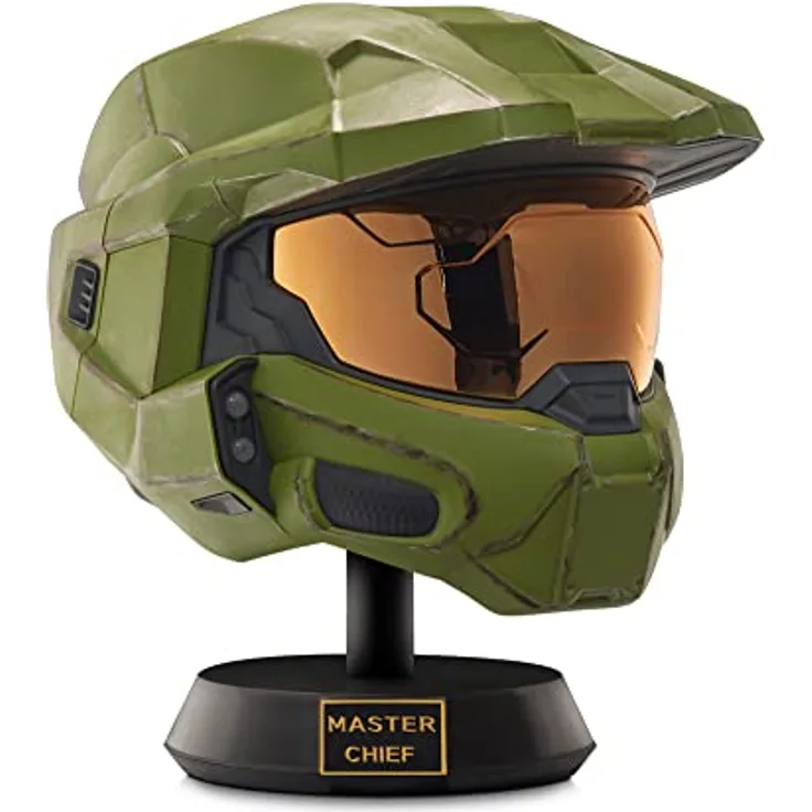 Jazwares Halo HLW0173-AMZ Master Chief Deluxe Helm mit LED-Leuchten, Kampf beschädigte Farbe, Einheitsgröße, inklusive Ständer