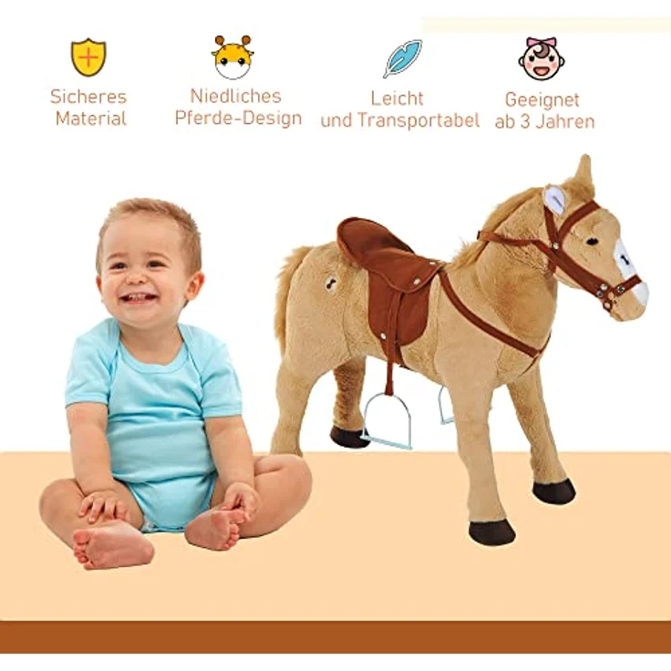 HOMCOM Plüsch Reitpferd für Kinder, Stehpferd mit Sound, Spielpferd für drinnen und draußen, 85 x 28 x 60 cm, Beige – Bild 4