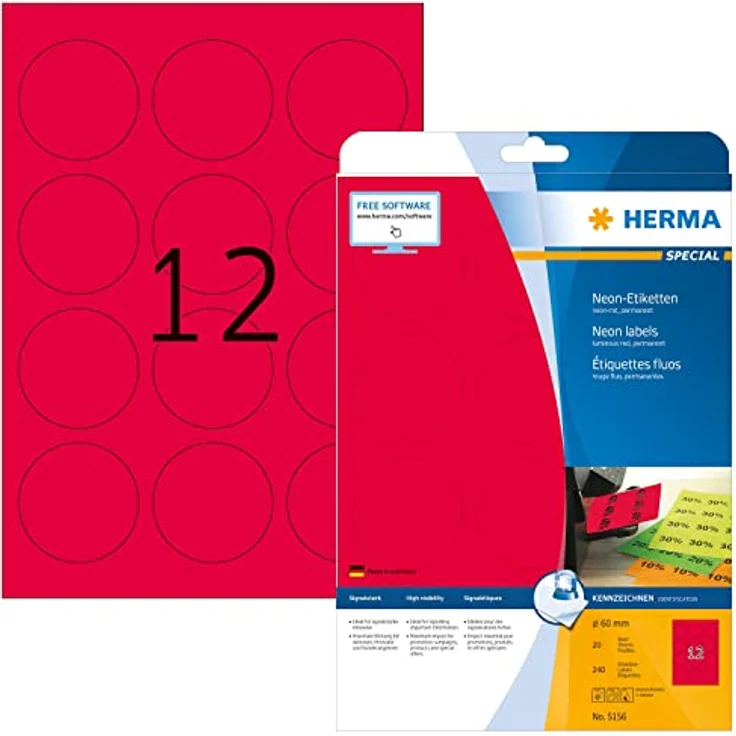 Farbige Etiketten rund neon rot, 20 Blatt, Ø 60 mm, 12 Stück pro A4 Bogen, 240 Aufkleber, selbstklebend, bedruckbar, matt, blanko Neon-Etiketten aus Papier – Bild 1