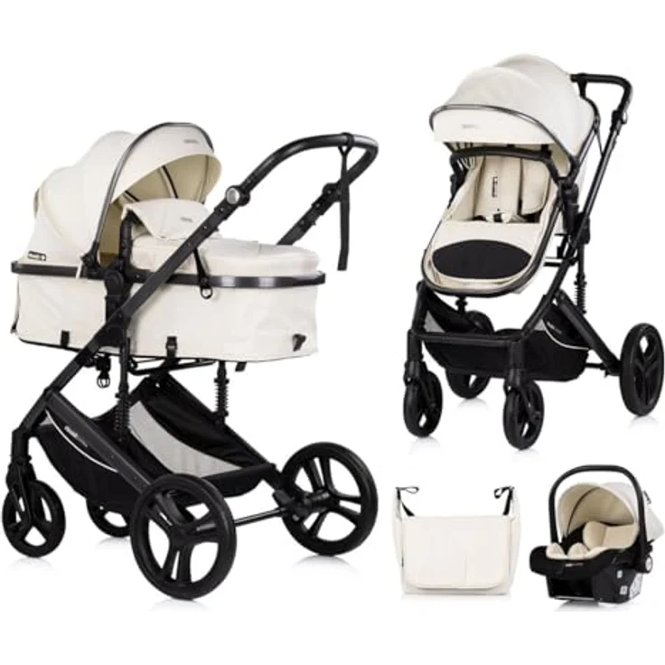 Chipolino Kinderwagen 3 in 1 Amore, inkl. Babyschale, Adapter, Wickeltasche und Fußabdeckung, beige-schwarz – Bild 1