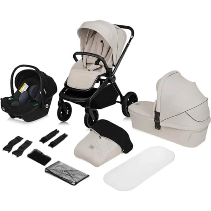 Lionelo MIKA PLUS 3-in-1 Buggy, Babywagen mit Kindersitz und Babytrage, 360° Räder, XXL-Verdeck, blau – Bild 1