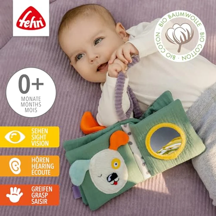Fehn Greifspielzeug Stoffbuch Hund NATUR, aus Bio-Baumwolle mit Raschelpapier und Spiegel – Bild 3