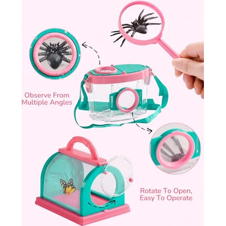ROBOTIME Insektenfänger & Kinder-Entdecker-Set, 8-in-1 Outdoor-Forscherset mit Lupe, Insektenbeobachter, Tragetasche, pink, für Jungen und Mädchen 3-12 Jahre – Bild 3