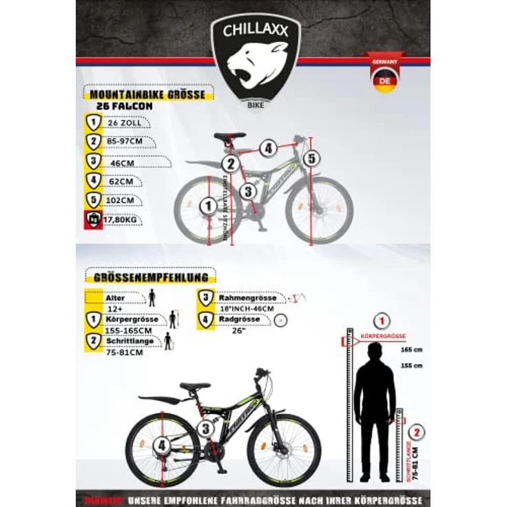 Chillaxx Bike Falcon Premium Mountainbike in 24 und 26 Zoll - Fahrrad für Jungen, Mädchen, Damen und Herren - Scheibenbremse- 21 Gang-Schaltung - Vollfederung (26 Zoll, Schwarz-Lime Disc-Bremse) – Bild 5