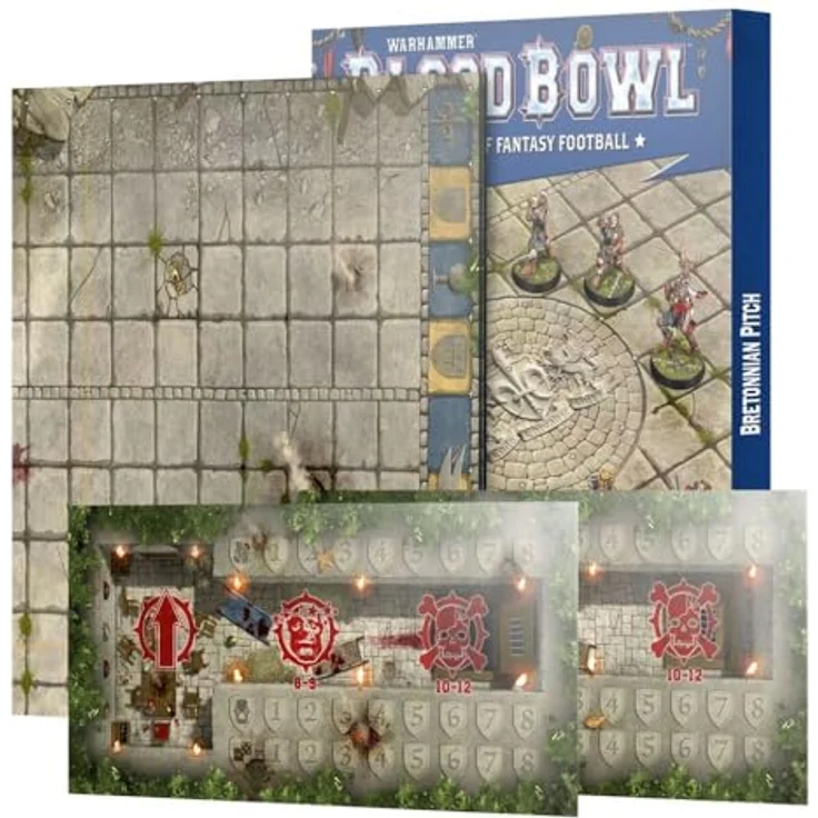 Warhammer Blood Bowl - Bretonnian Pitch & Dugouts, Doppelseitiges Spielfeld mit authentischem Bretonnischen Design und Unterstandskarten für Teammanagement – Bild 2