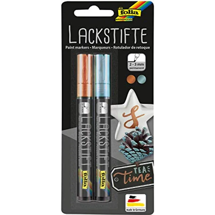 folia 1849 - Lackstifte, 2er Set, Strichstärke 2 - 3 mm, kupfer und eisblau, wasserfest und lichtecht, zum Beschriften und Verzieren
