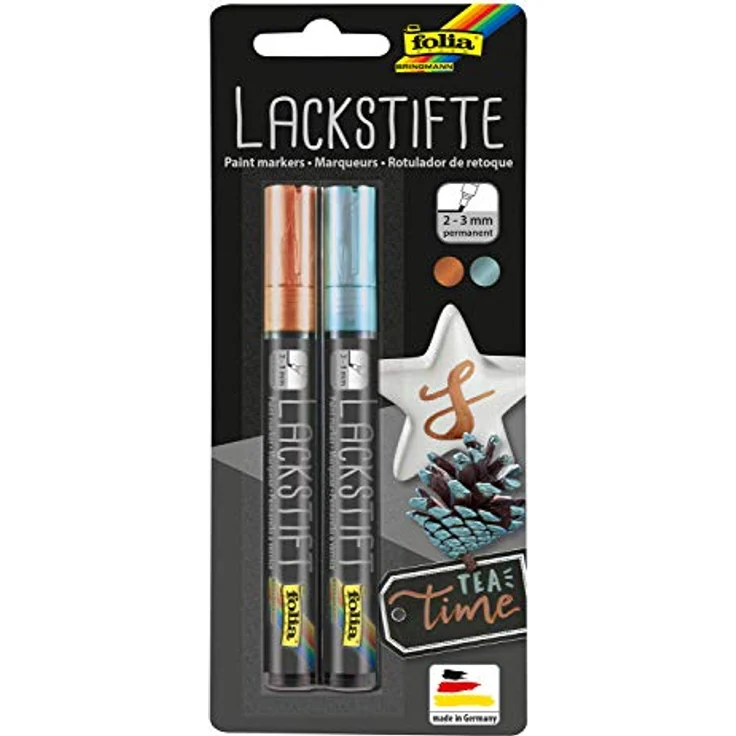 folia 1849 - Lackstifte, 2er Set, Strichstärke 2 - 3 mm, kupfer und eisblau, wasserfest und lichtecht, zum Beschriften und Verzieren – Bild 1