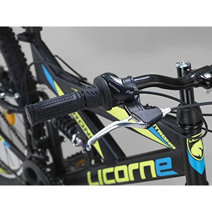 Licorne Bike Strong V Premium Mountainbike in 26 Zoll - Fahrrad für Jungen, Mädchen, Damen und Herren - Shimano 21 Gang-Schaltung - Vollfederung - Schwarz/Blau/Lime – Bild 5