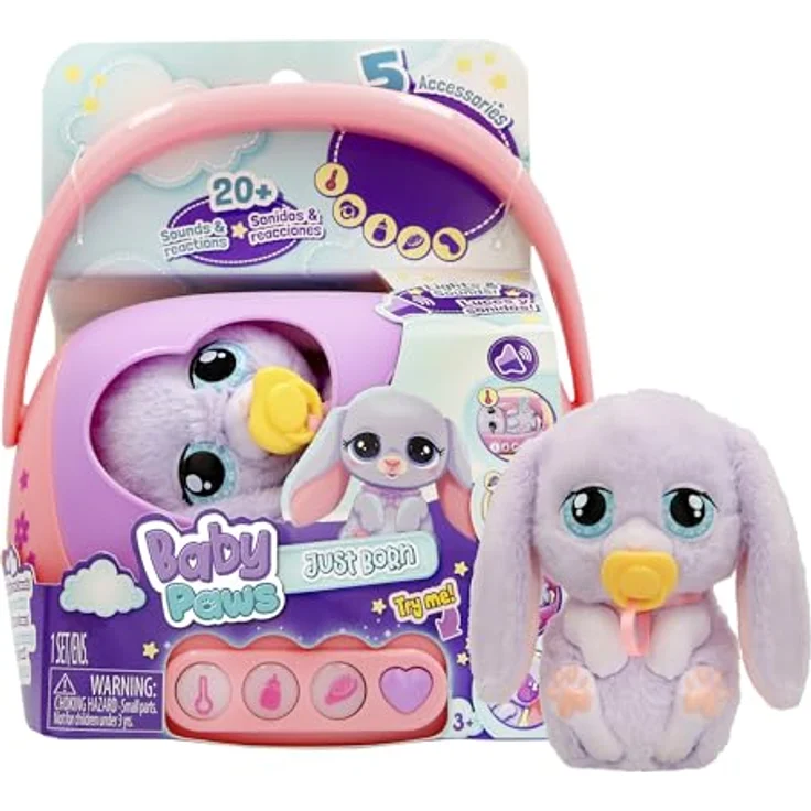 BABY PAWS JUST Born Bunny, Interaktives Häschen mit elektronischer Transportbox, über 20 Sounds und Zubehör, ab 3 Jahren – Bild 1