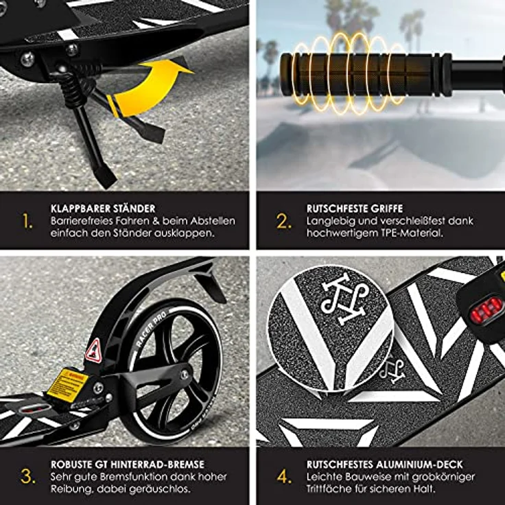 KESSER® Cityroller Scooter 205mm Räder PU Big Wheel - Pro-S Tretroller mit Doppel Federung, City-Roller Scooter klappbar und Höhenverstellbar, Roller Kickscooter für Erwachsene und Kinder Schwarz – Bild 4