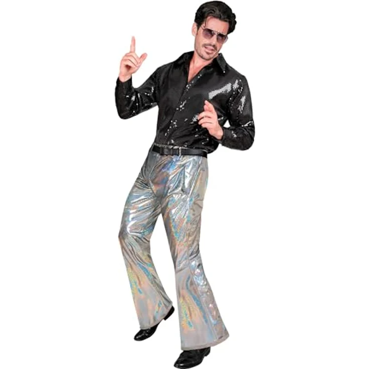 Widmann Disco Glitzer Herrenhose, silber, Schlaghose aus 100% Polyester für Fasching und Mottopartys, Größe XL – Bild 2