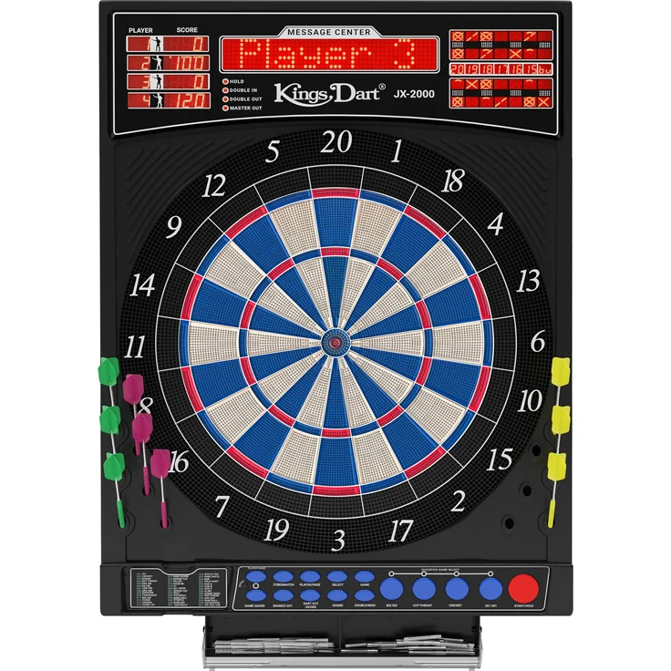 Kings Dart Elektronische Dartscheibe Profi Turnier 1.0, offizielle Turniergröße mit 8 Displays, Catchring und 24 Softdarts, Blau-Beige