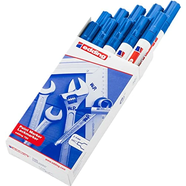 edding 750 Lackmarker - blau - 10 Stifte - Rundspitze 2-4 mm - Lackstift zur Markierung und Beschriftung von Metall, Glas, Stein oder Kunststoff - hitzebeständig, permanent, wischfest – Bild 2