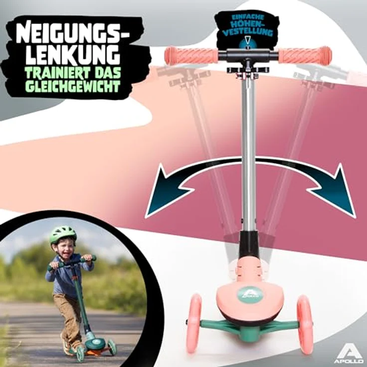 Apollo Whizzie LED Kinderroller, höhenverstellbarer Dreiradscooter für Kinder ab 3 Jahre, leuchtende LED-Räder, bis 60 kg belastbar – Bild 3