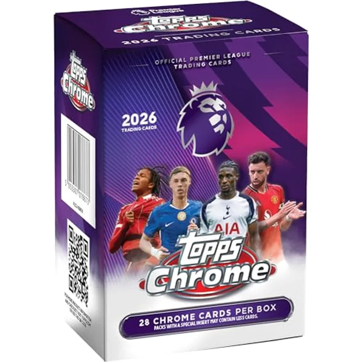 Topps 2026 Premier League Chrome Value Box, Sammelkarten mit glänzendem Chrome-Finish und beliebten Spielern