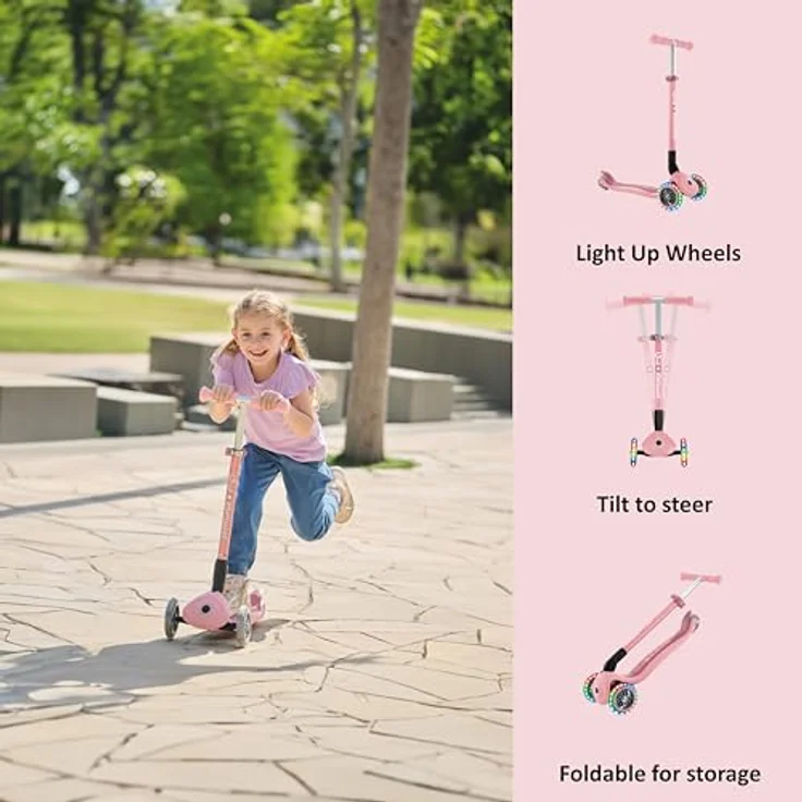 Globber PRIMO FOLDABLE LIGHTS, Dreiradscooter mit Leuchtrollen, klappbar, pastellrosa – Bild 3