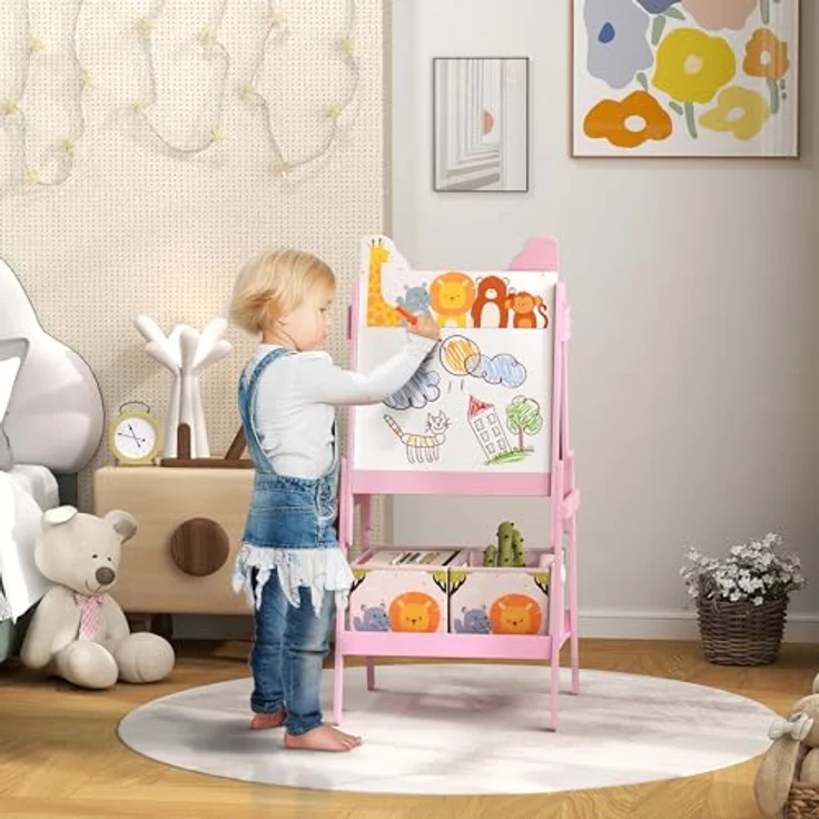 AIYAPLAY Kinder Staffelei 2-in-1, doppelseitige Tafel mit Kreidetafel und Whiteboard, inkl. 2 Aufbewahrungsboxen, rosa, für Kinder 3-8 Jahre – Bild 2