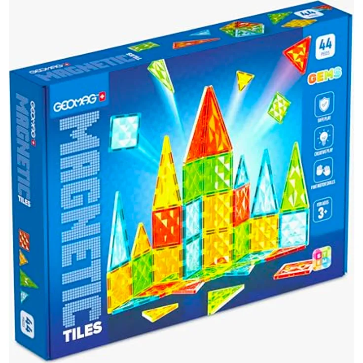 Geomag Magnetic Tiles Gems 44, Magnetbaukasten mit 44 Karten in 4 Formen und 4 transparenten Edelsteinen, Geomag, inkl. grün, blau, gelb, rot