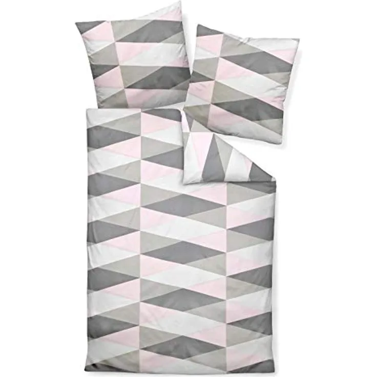 Janine Bettwäsche Set J.D. 87014 01 Rosa Taupe Grau Geometrie Dreieck Raute Modern Baumwolle Mako Satin, 135x200cm