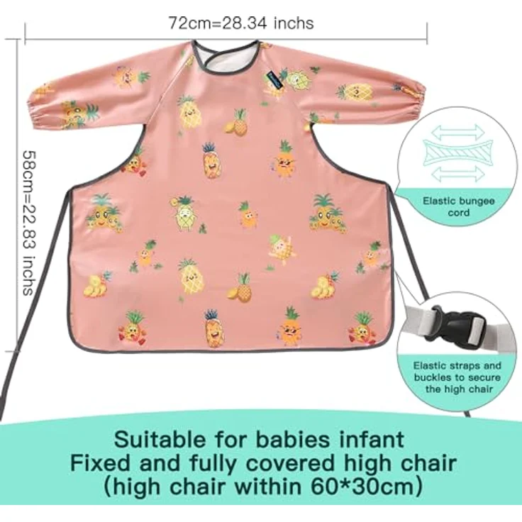 PewinGo Baby Lätzchen mit Ärmeln, wasserdicht und maschinenwaschbar, für Hochstühle, rosa, geeignet für Babys von 6 bis 30 Monaten – Bild 4