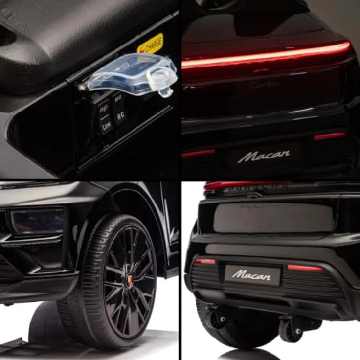 Vrooomy Porsche Macan Turbo Kinder Elektro Auto, 12V mit Fernbedienung, Bluetooth, Soft-Start, EVA-Rädern und Stoßdämpfern – Schwarz, für 1 bis 6 Jahre – Bild 9