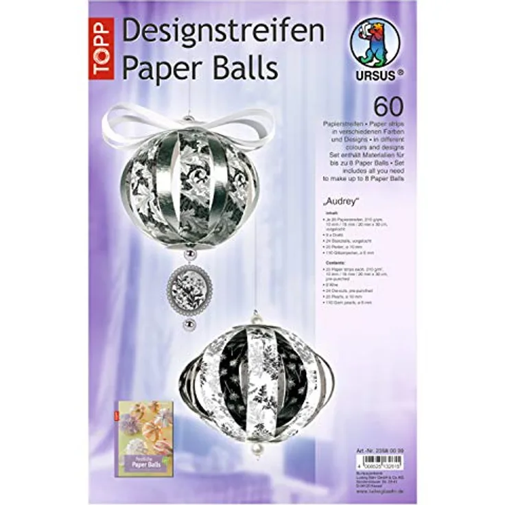 Ursus 23580099 - Designstreifen Paper Balls Audrey, Material für bis zu 8 Paper Balls, Durchmesser ca. 10 cm, 60 Streifen mit Zubehör, ideal zum Basteln von individuellen Weihnachtskugeln