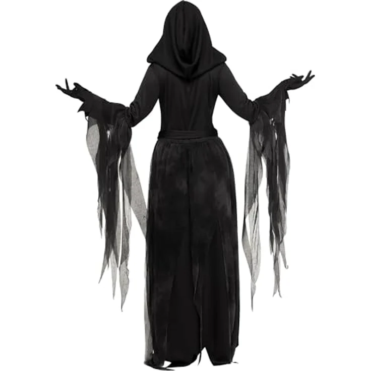 Fun World Division Sensenfrau Kostüm, bodenlanges Kleid mit Kapuze und Blutflecken, Schwarz, Größen M und L – Bild 2