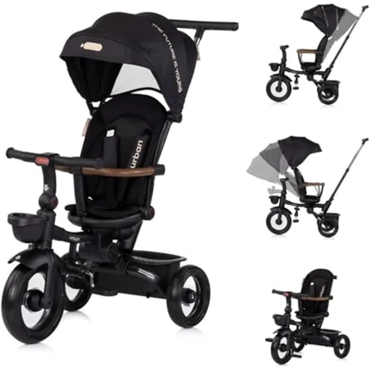 Chipolino Tricycle Urban, Dreirad mit klappbarem Design, Licht am Lenker, drehbarem Sitz und Korb, schwarz