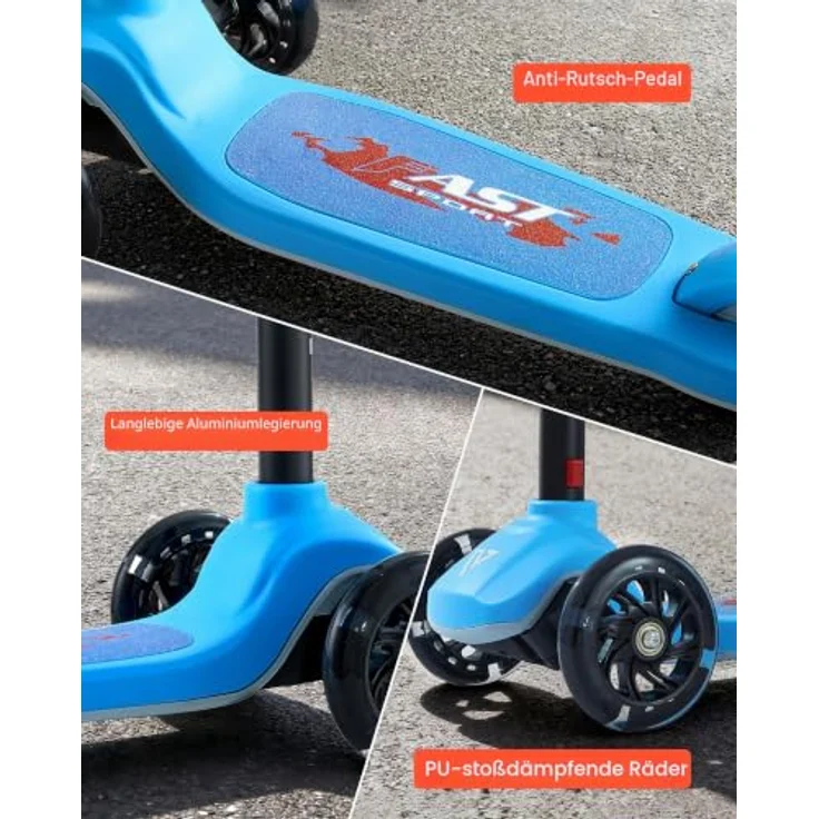 VEVOR Scooter (3 Räder) für Kinder ab 3 Jahren, Höhenverstellbarer Cityroller mit leuchtenden 5-Zoll-Rädern, rutschfestem Deck und leichtem Aluminiumrahmen, Blau, Tragkraft bis 75 kg – Bild 5