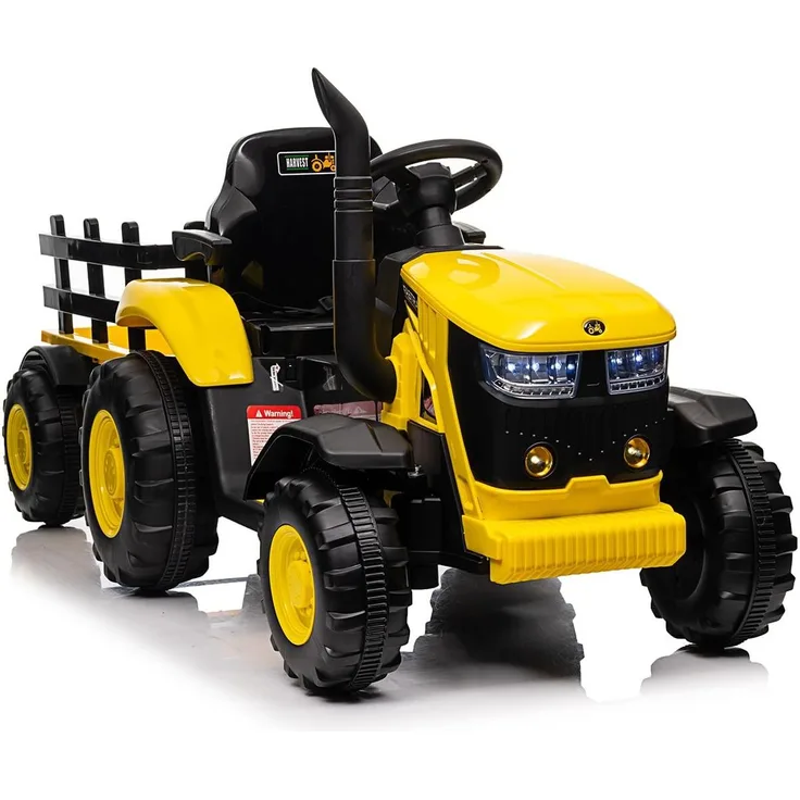 Garvee Elektrischer Traktor mit Anhänger, 12V Kinder Aufsitztraktor mit 2x 35W Motor, Fernbedienung und LED Musik Hupe, gelb, 3-6 km/h