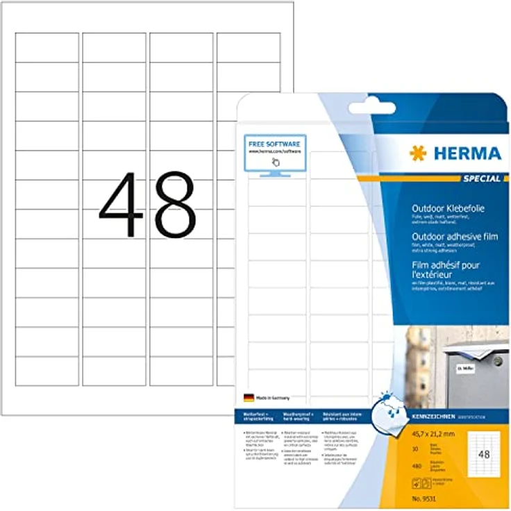 HERMA Folien-Kraftklebe-Etiketten 9531, weiß, 480 Stück, 45,7 x 21,2 mm, temperaturbeständig und wasserabweisend – Bild 1
