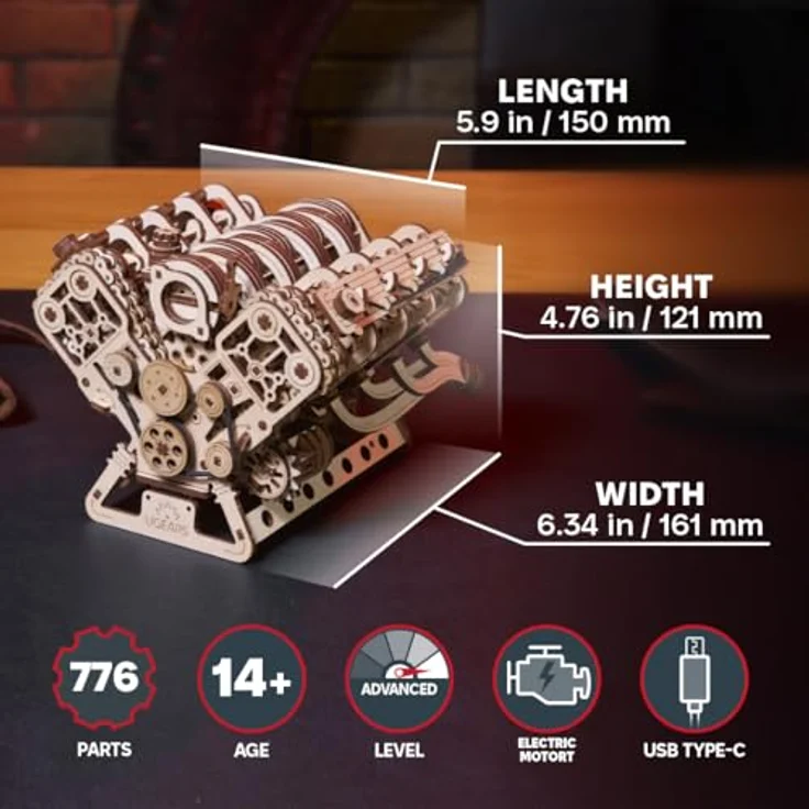UGEARS V8 Motor Modellbausatz, 3D Holzpuzzle für Erwachsene, 776 Teile, USB-C-betriebener Elektromotor, DIY-Kit für Technik-Enthusiasten – Bild 2