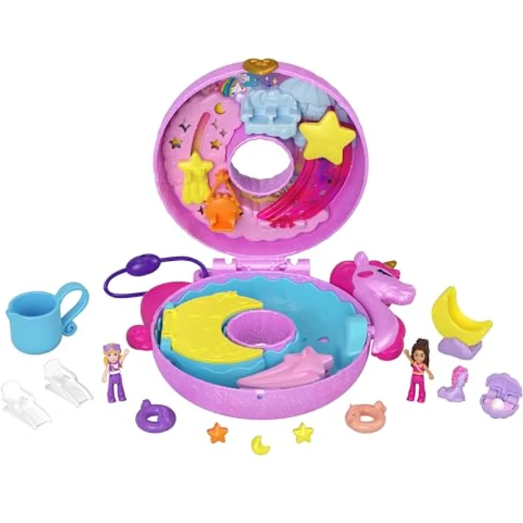 Polly Pocket-Puppen und -Spielsets, 12 Zubehörteile, Einhornfloß-Schatulle mit Wasserspaß und 2 Teilen mit Farbwechseleffekt, HKV34 – Bild 1