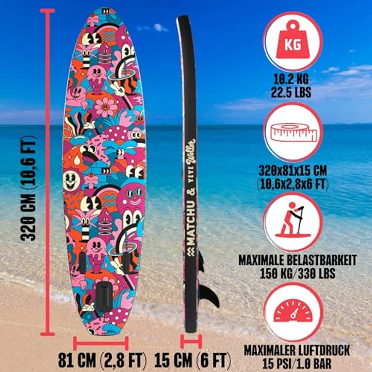 MATCHU Aufblasbares SUP Board, Limited Edition mit Zertifikat, Komplettset, 320x81x15 cm, 150 KG belastbar, Art Collection (Yeye Weller Collection) – Bild 2