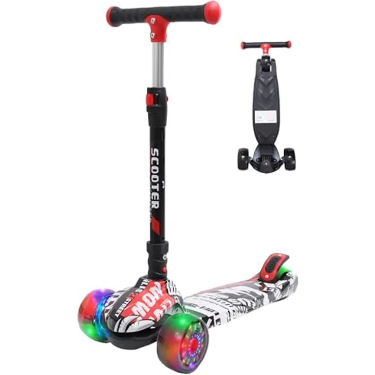 Habib Gruppe Kinderroller, Klappbar Tretroller mit LED Leuchträdern, Höhenverstellbar für 3-12 Jahre, Graffiti Design, rutschfeste Griffe & Hinterradbremse, max. 50 kg