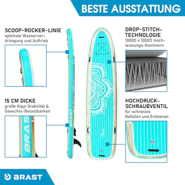 BRAST® SUP Board Family, aufblasbares Stand up Paddle Set XXL, 370x87x15cm bis 210kg, inkl. 2x Kajak-Sitz, 2x Fußschlaufe, 2x Paddel, Pumpe, Rucksack, Mandala Design – Bild 3