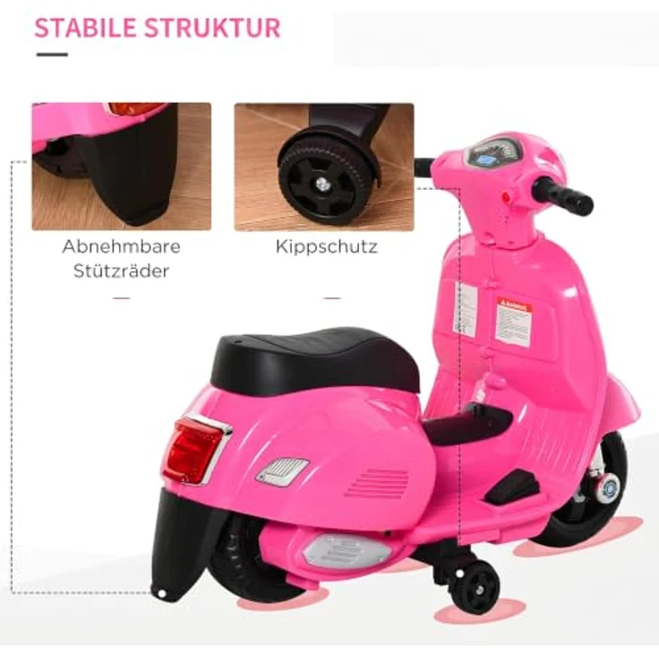 HOMCOM Elektro Motorrad Kinder 6V Vespa-Design mit Stützrädern und Scheinwerfer – Bild 6