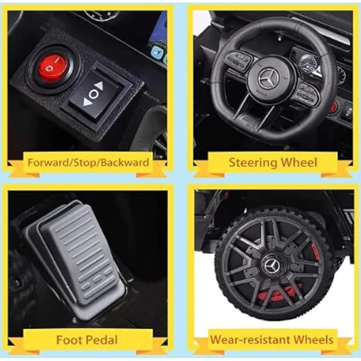 FINOOS Mercedes G63 AMG Elektroauto für Kinder, 12 V, mit Fernbedienung, 2 + 1 Geschwindigkeitsstufen, Hupe, LED, Musik und USB-Anschluss, Schwarz – Bild 4