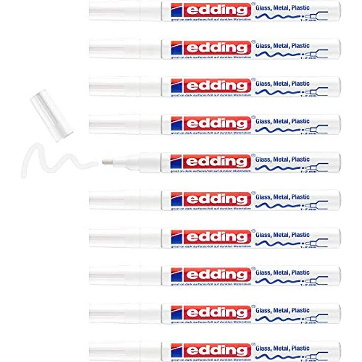 edding 751 Glanzlackmarker, weiß, 10er Set, Rundspitze 1-2 mm, wasserfest und stark deckend für Glas, Stein, Holz, Kunststoff und Papier – Bild 1