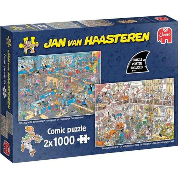 Jan Van Haasteren DIY Shop & Renovierungsprojekt, 2 x 1000 Teile Erwachsenenpuzzle aus 100% recyceltem Karton, inklusive Poster, 68 x 49 cm