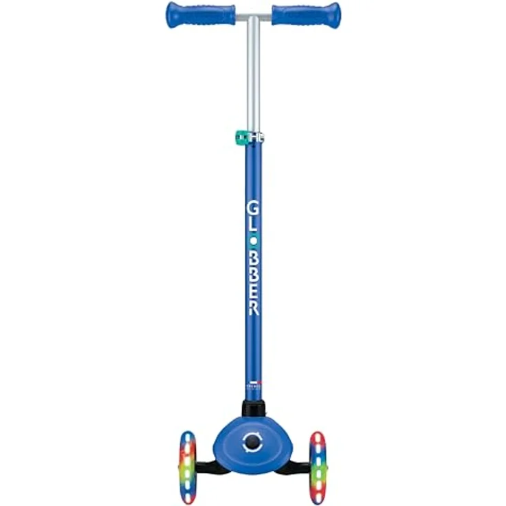 GLOBBER PRIMO PLUS LIGHTS, Tretroller für Kinder, 3-rädrig, höhenverstellbar, batterielose LED-Leuchtrollen, 120/80 mm, ABEC 9, blau – Bild 4