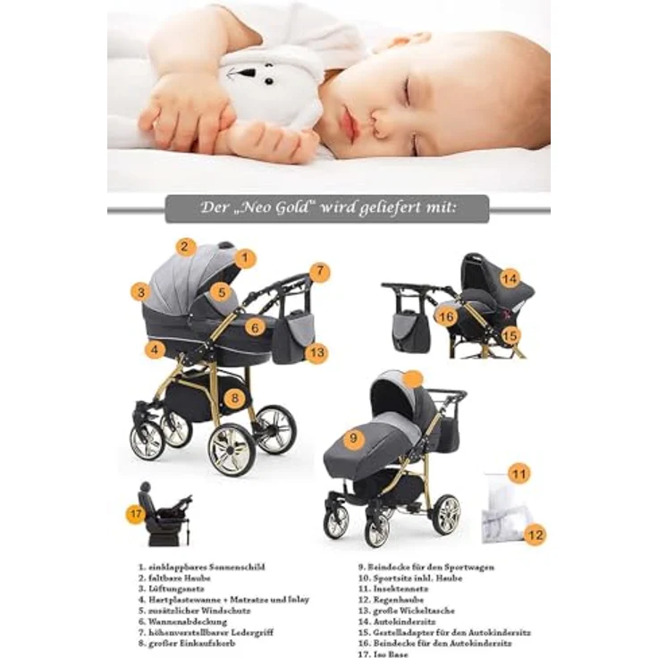 Elcar Kinderwagen-Set 5 in 1 Neo Gold inkl. Sportsitz, Autositz und Iso Base - 17 Teile - Federung, 360° schwenkbare Vorderräder - in 22 Farben – Bild 5