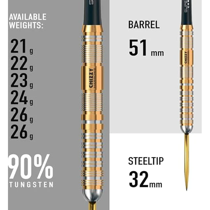 Harrows Dave Chizzy Chisnall 90% Tungsten Darts, Pro Player Steel Tip Darts-Set mit Supergrip-Carbonschäften und 100-Mikron-Chizzy-Flights, erhältlich in 21g, 22g, 23g, 24g, 25g & 26g (21g) – Bild 3