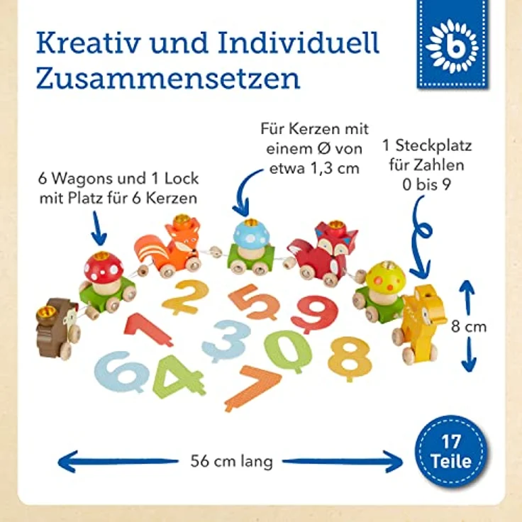 Bieco Holz Geburtstagszug Waldtiere mit Zahlen 0-9 Jahre | 17 tlg, Länge ca. 59 cm | Kerzen Geburtstagszug | Holz Eisenbahn Kinder Geburtstagszug Holz | Geburtstagskerzen Zahlen | Holz-Zug – Bild 4