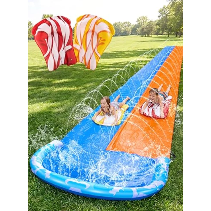 JOYIN 32,5ft Ultralange Doppelte Wasserrutsche, Rasen-Wasserrutsche mit integriertem Sprinkler und 2 aufblasbaren Boards für Kinder und Erwachsene, farbenfrohes Design für Sommerpartys, Garten- und Außenaktivitäten – Bild 1