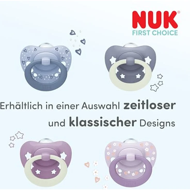 NUK First Choice Classic Day & Night Baby Schnuller, orthodontisch, leuchtend im Dunkeln, 0-6 Monate, lila, 2 Stück – Bild 4
