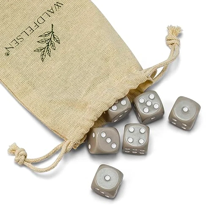 Waldfelsen Standardgröße 16 mm Acrylwürfel Set, 6 hochqualitative 6-seitige Knobelwürfel in Grau mit Stoffbeutel – Bild 2