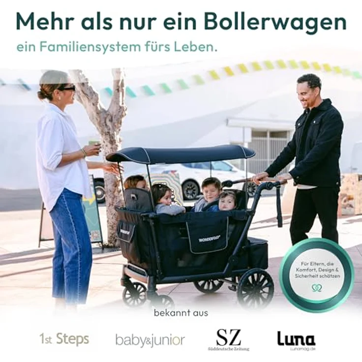 Wonderfold L4 Quad-Kinderwagen, kompakter Bollerwagen für 4 Kinder mit seitlicher Tür, flexiblen Sitzbänken, 360°-Rädern und Klappmechanismus, schwarz – Bild 3