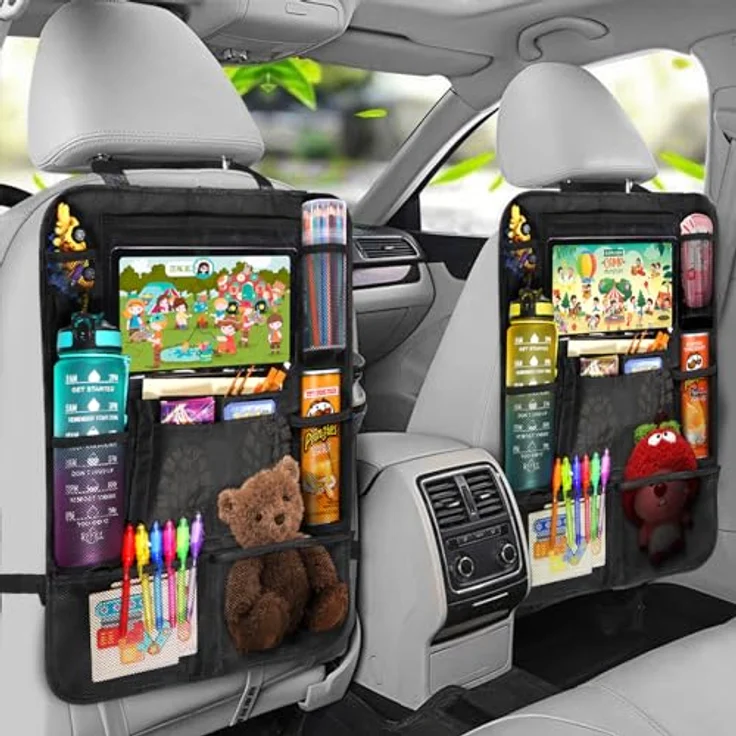 Diboniur Rückenlehnenschutz Auto Kinder, Auto Organizer mit 10 Taschen, transparenter Tablet-Halter für iPad bis 10,5 Zoll, dicke Ausführung, schwarz – Bild 2